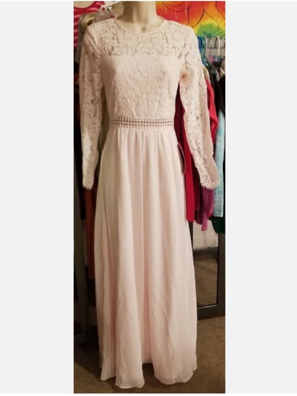 Truth and Fable DRESS- Bridesmaid Lace Sleeves w/Open Back- LIGHT PINK Sz. XXS